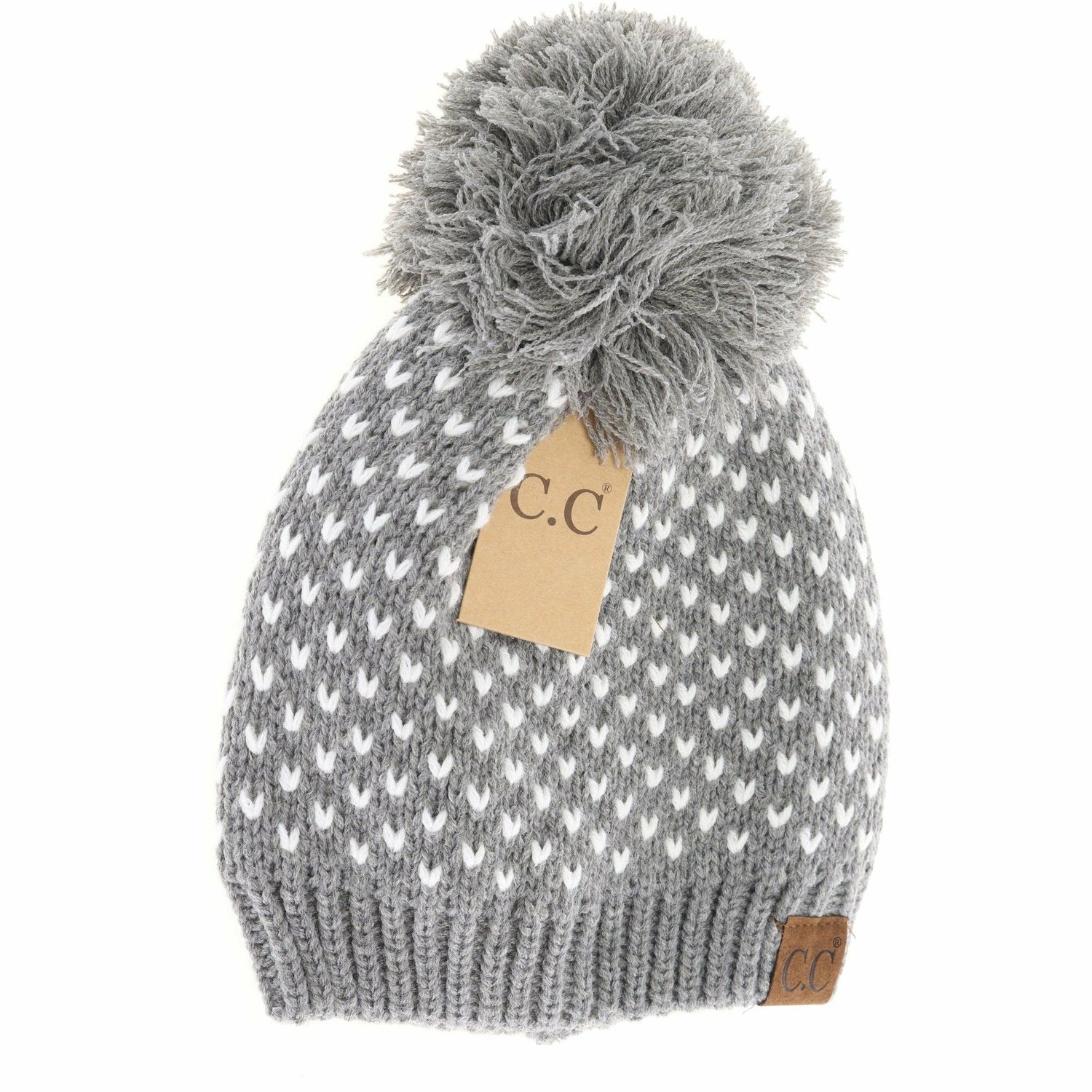 Heart Knit Pom Beanie HAT2088: Lt. Grey/Ivory