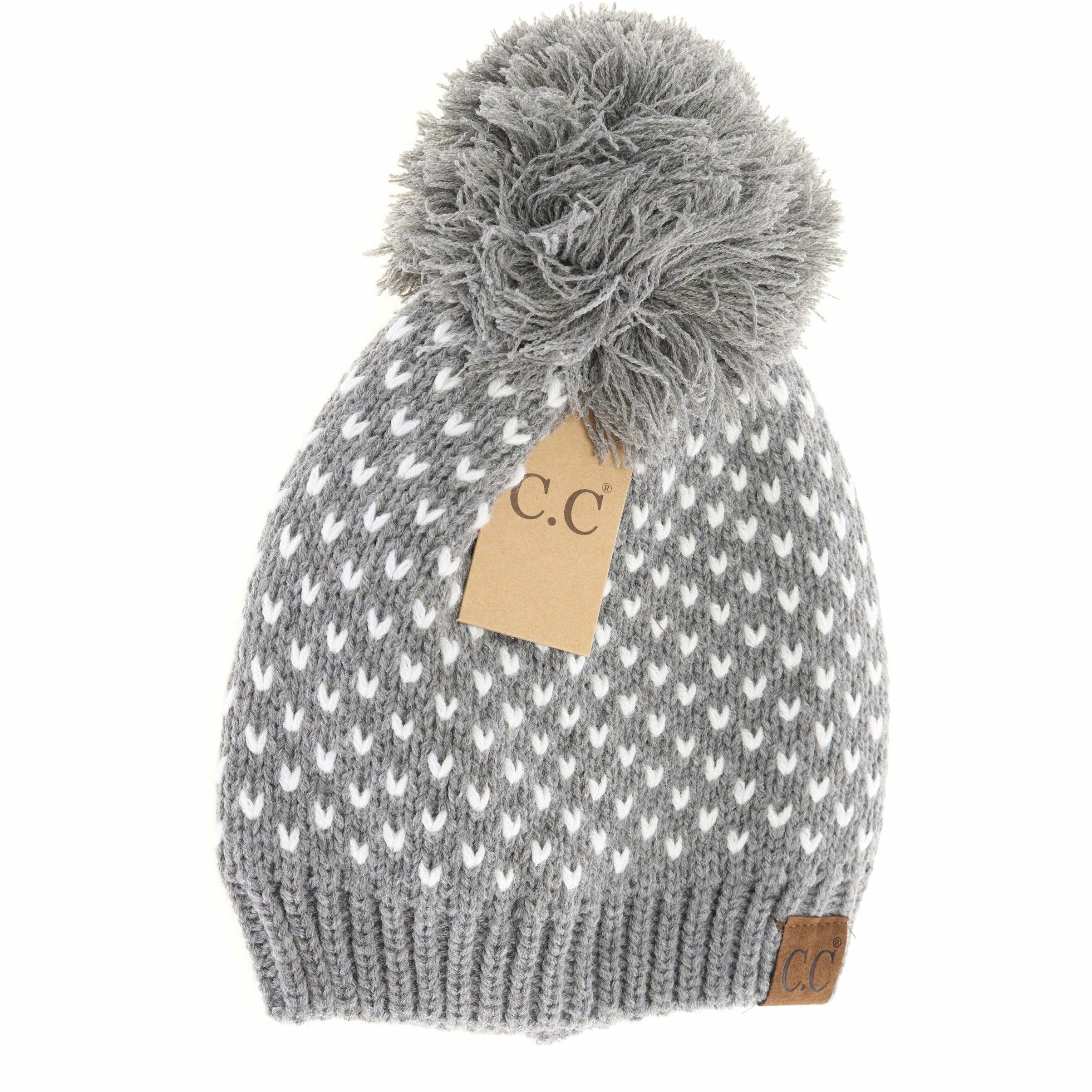 Heart Knit Pom Beanie HAT2088: Lt. Grey/Ivory