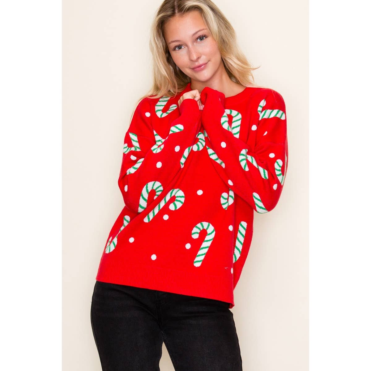 CHRISTMAS CANDY CANE SWEATER: GREEN / S-M-L-XL(2-2-2-1)