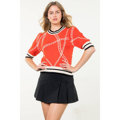 THML Short Sleeve Knit Top: BLACK WITH PINK TRIM / XS