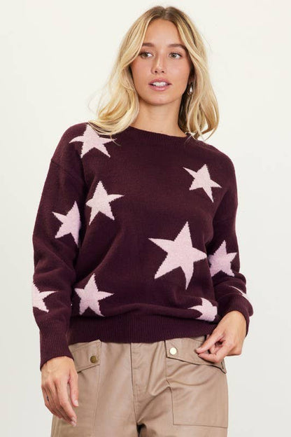 Long Sleeve Lurex Star Pattern Sweater
: Burgundy