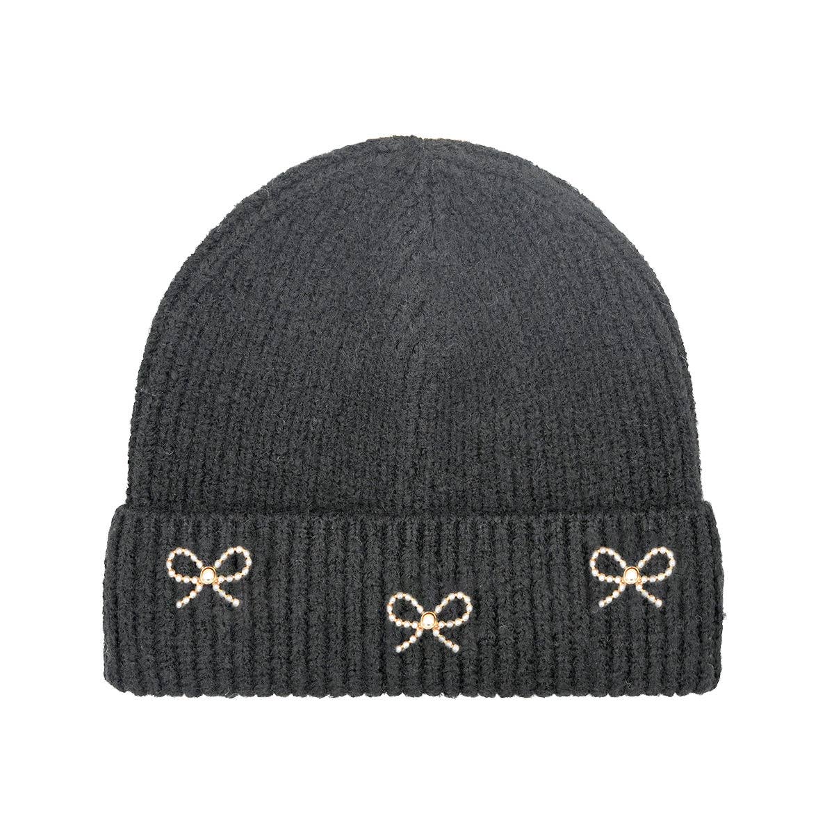 Pearl Bow Embellished Cuff C.C Beanie HTE0148: Ivory