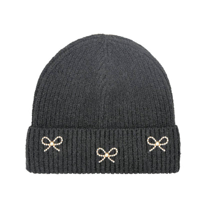 Pearl Bow Embellished Cuff C.C Beanie HTE0148: Ivory