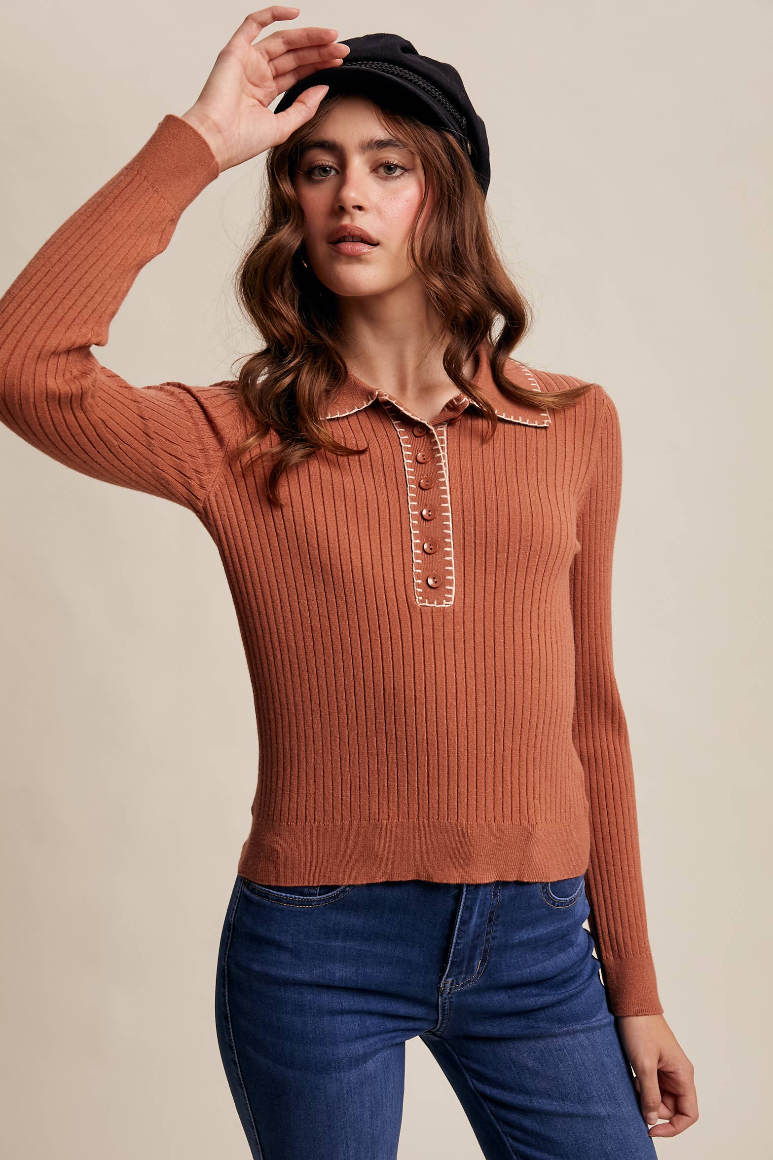 Contrast Stitch Ribbed Knit Top LSW0998: Black / M