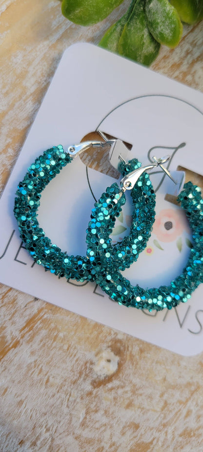 Teal Glitter Hoop Earrings