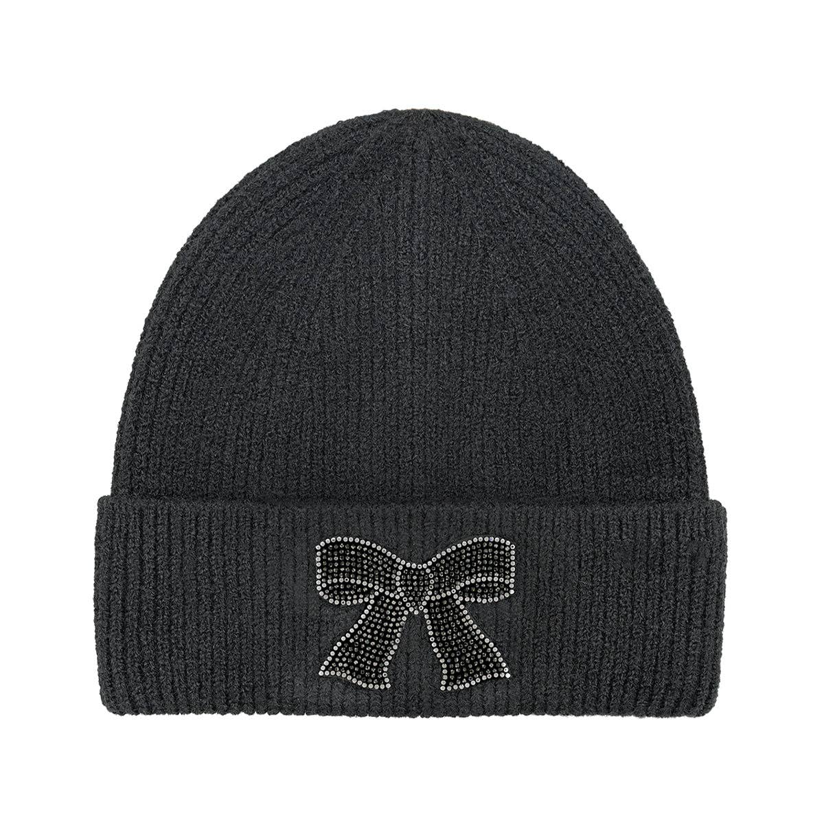 Rhinestone Ribbon Bow Embellishment C.C Beanie HTE0150: Lt. Grey