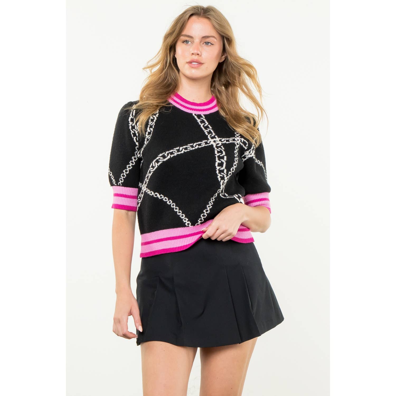 THML Short Sleeve Knit Top: BLACK WITH PINK TRIM / XS