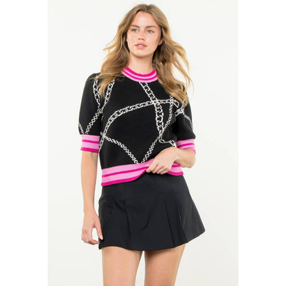 THML Short Sleeve Knit Top: BLACK WITH PINK TRIM / XS