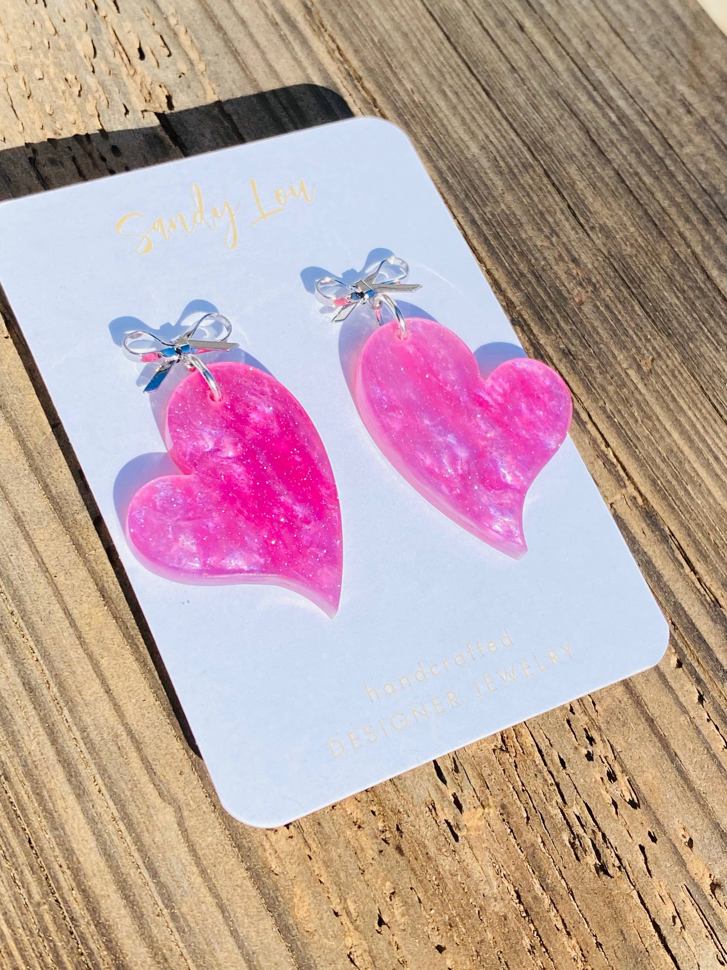 VALENTINE PINK SHIMMER WITH SILVER BOW HEART EARRINGS