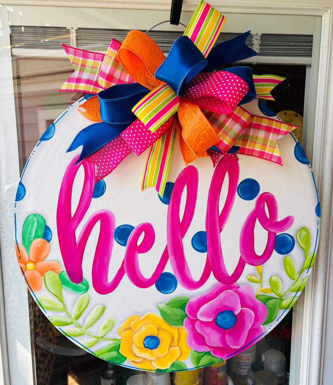 Spring/Summer Hello Circle Polka Dots w/ Flowers Door Hanger: (White w/blue dots) Pink Hello w/ Bow