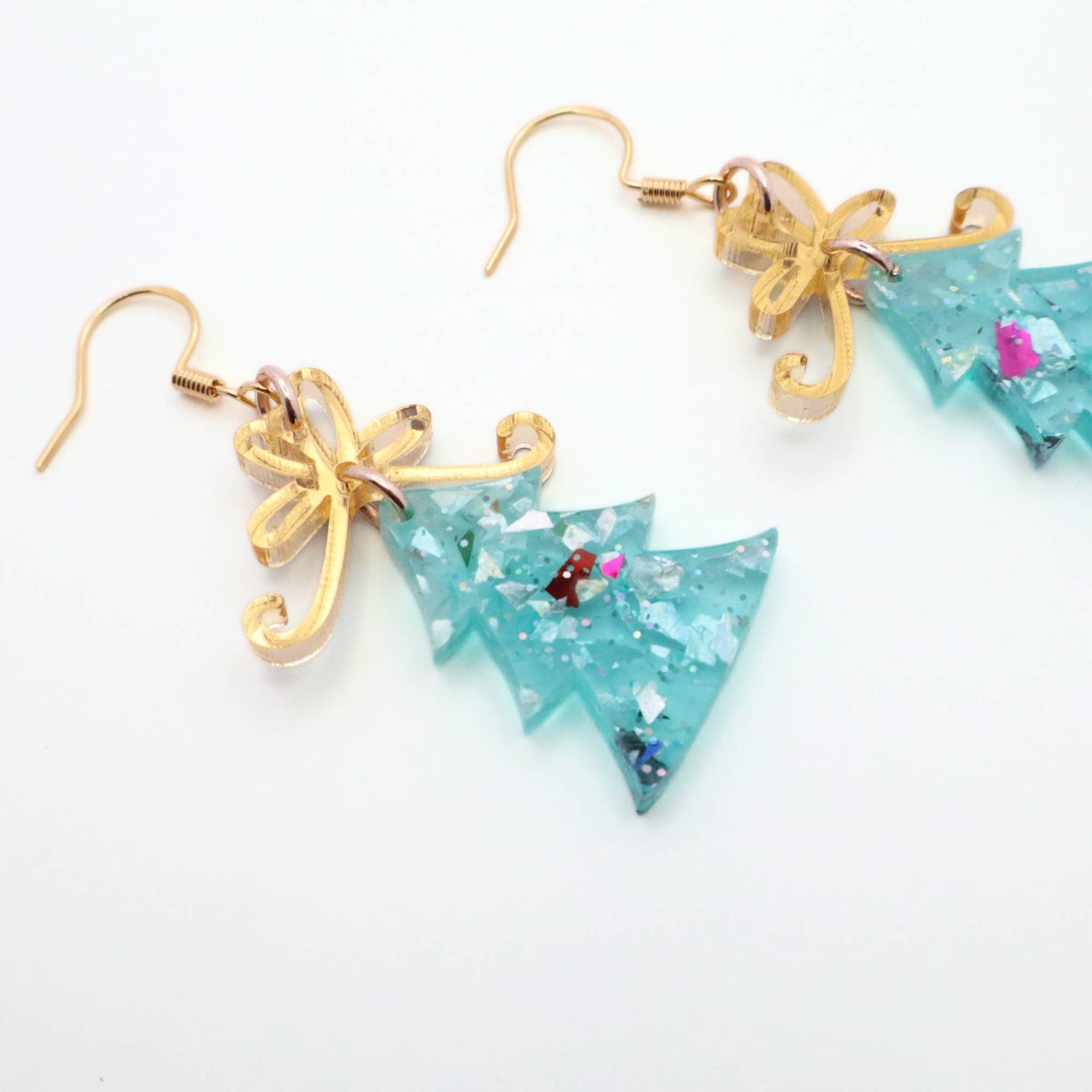 Christmas Tree Dangle Earrings with Glitter and Gold Bow