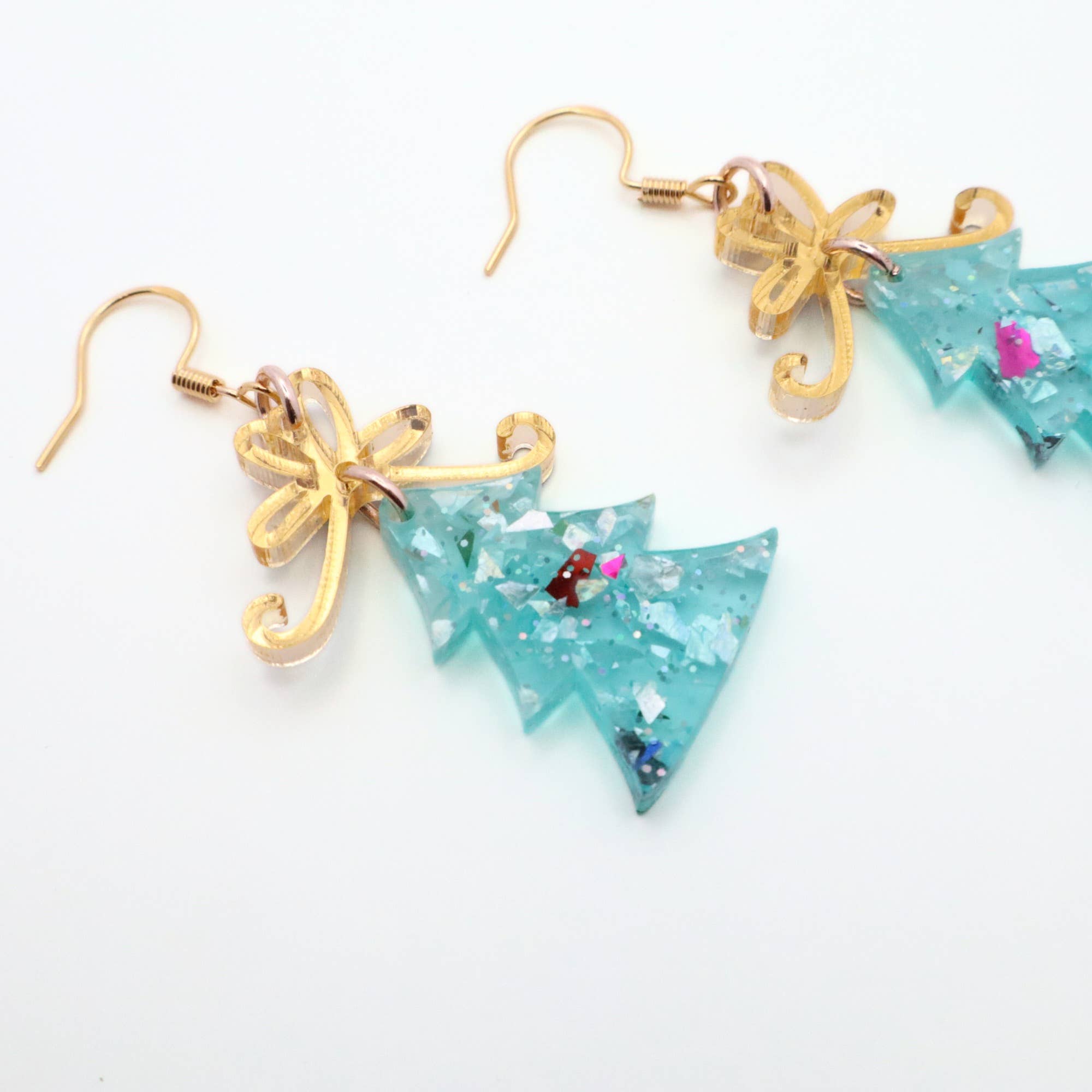Christmas Tree Dangle Earrings with Glitter and Gold Bow