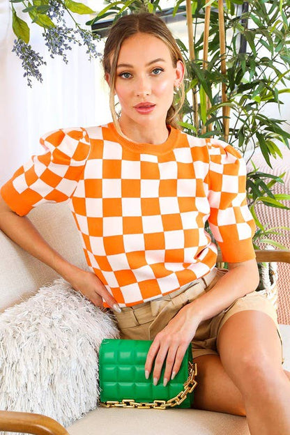 Crew Neck Short Puff Sleeve Checkerboard Sweater Top VT81345: RUST / L