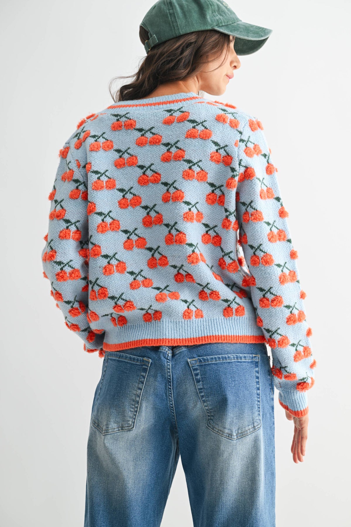 CJW26348 CHERRY KNIT WOOL CARDIGAN: LT.BLUE/ORANGE MULTI / S-M-L (3-2-1)