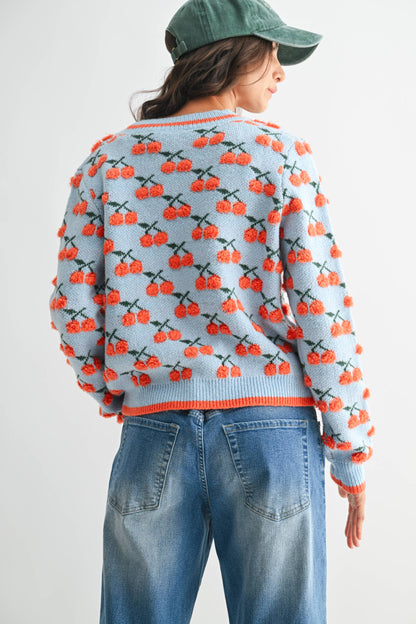 CJW26348 CHERRY KNIT WOOL CARDIGAN: LT.BLUE/ORANGE MULTI / S-M-L (3-2-1)