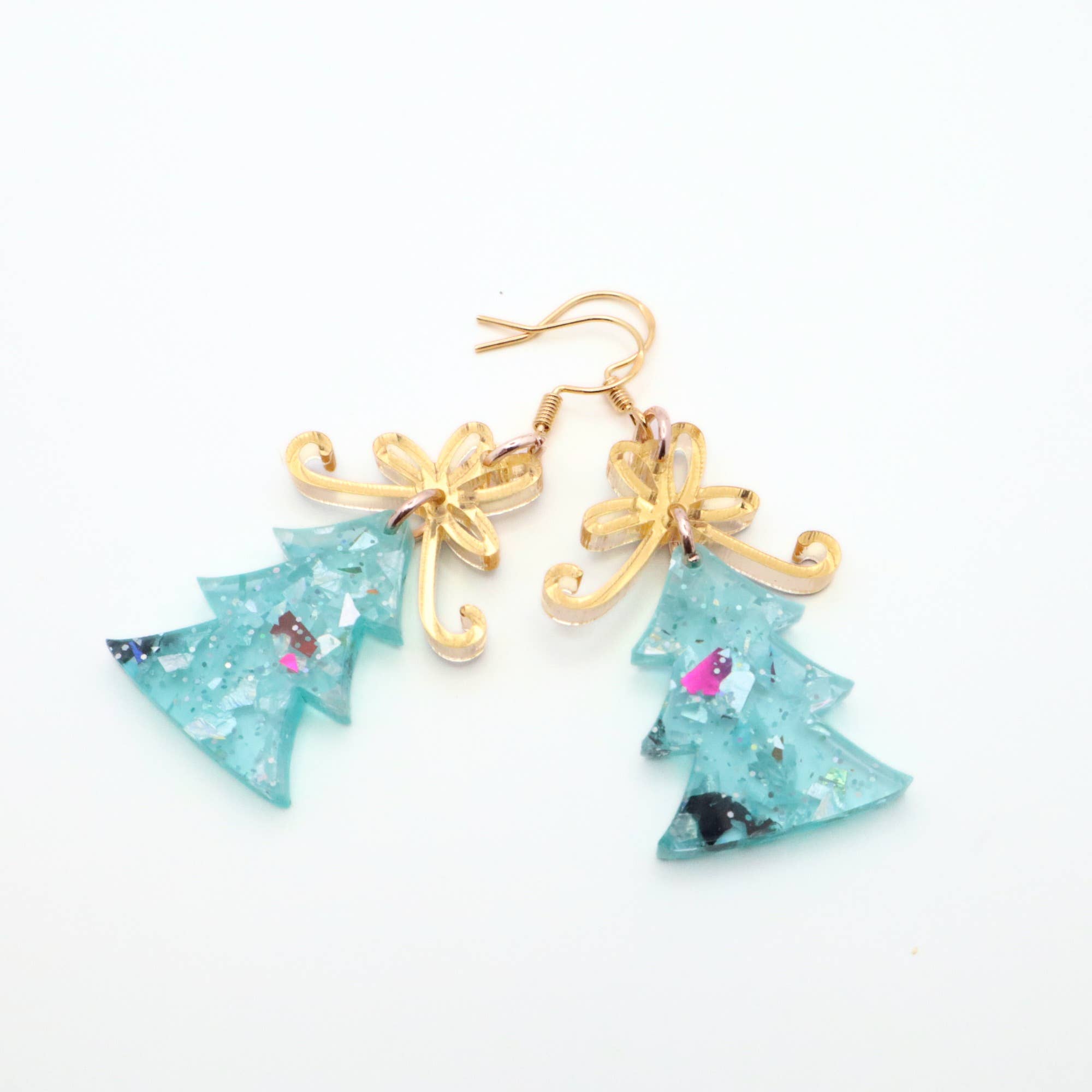 Christmas Tree Dangle Earrings with Glitter and Gold Bow