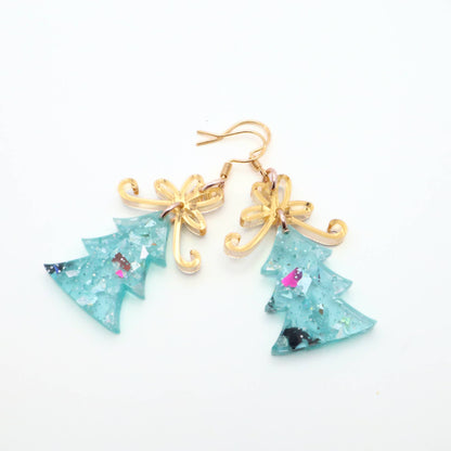Christmas Tree Dangle Earrings with Glitter and Gold Bow