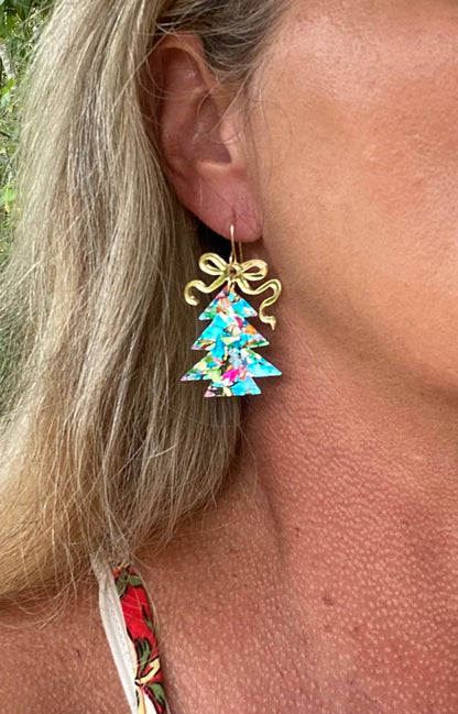 Merry Confetti Tree Earrings Christmas- Teal