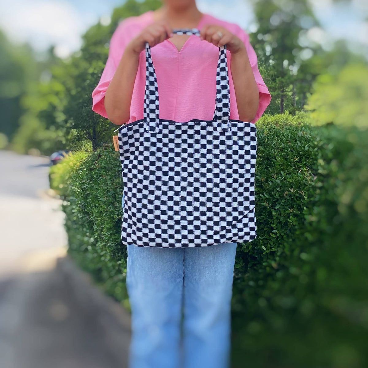 Check Yourself Zipped Tote Bag: Pink