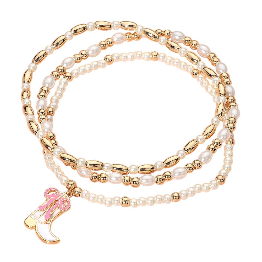 3PCS - Enamel Bow Cowboy Boot Pearl Beaded Multi Layered Bracelet: Gold,Hot Pink