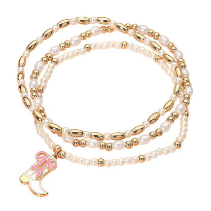 3PCS - Enamel Bow Cowboy Boot Pearl Beaded Multi Layered Bracelet: Gold,Hot Pink