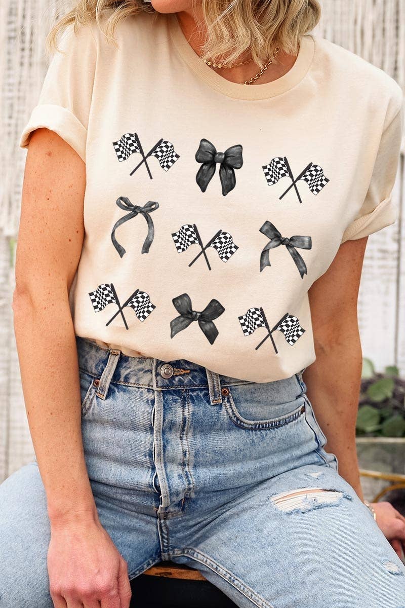 Checkered Flag Black Bow Race Day Graphic Tee: RED