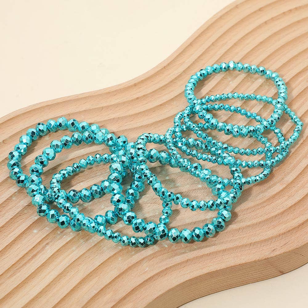 9PCS - Faceted Beaded Stretch Multi Layered Bracelets: Aqua