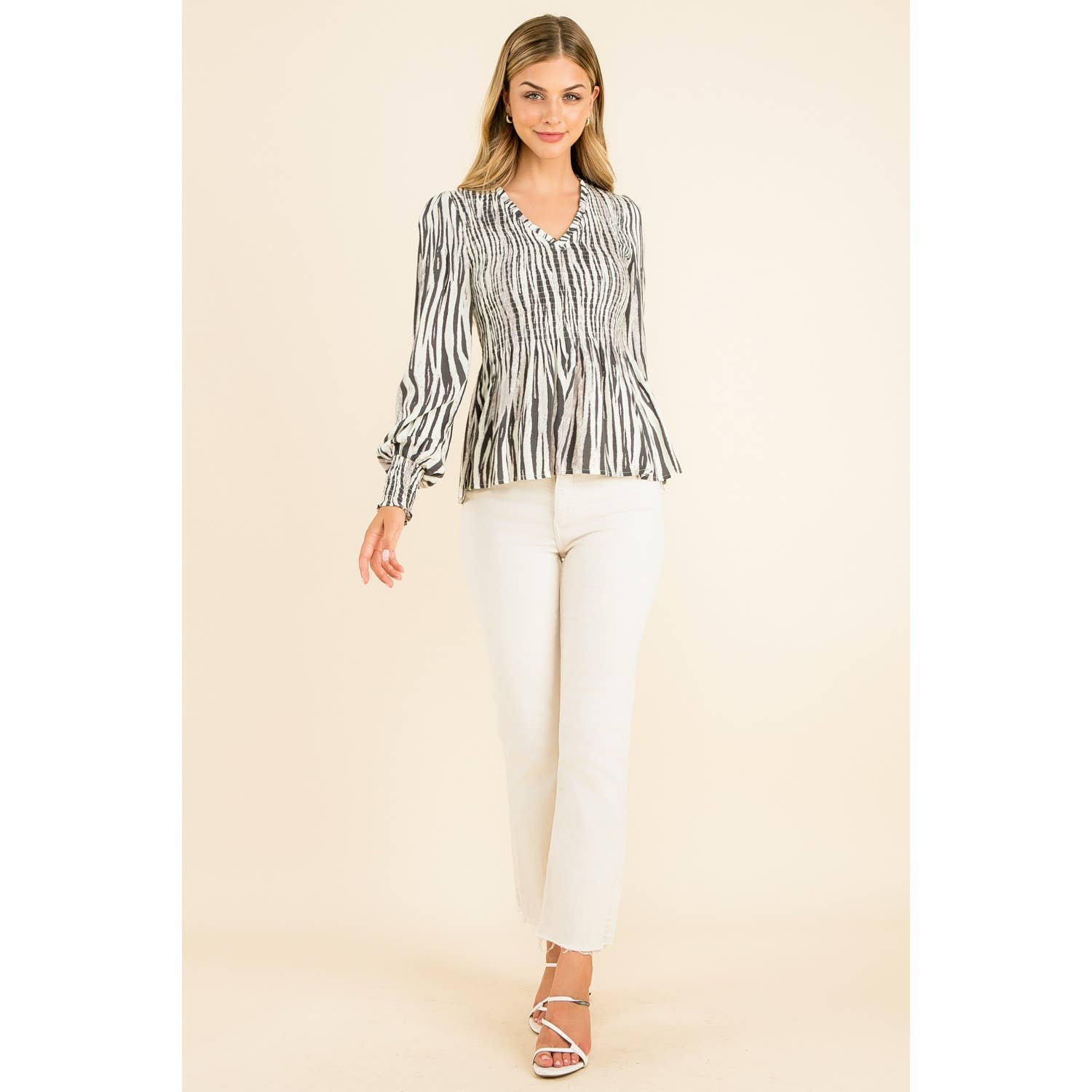 Smocked Zebra Print Top: GRAY / S