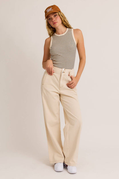 ROUND NECK SLEEVELESS STRIPE BODYSUIT: CREAM-BLACK STRIPE / M