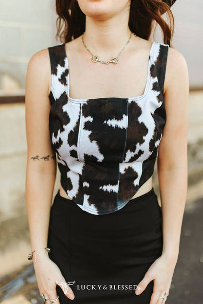 Brown Cow Printed Thick Strap Corset Top Lucky &amp; Blessed