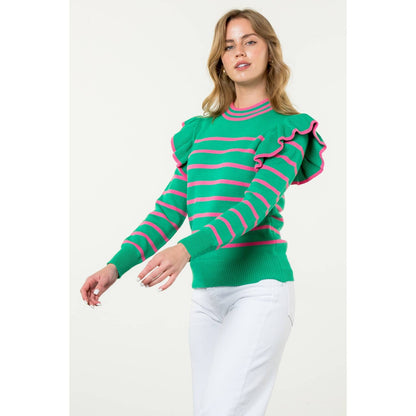 Flutter Detail Striped Sweater: GREEN / M