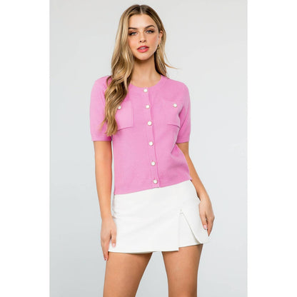 Short Sleeve Button Up Knitted Top: PINK / XS-S-M-L(1-2-2-1)