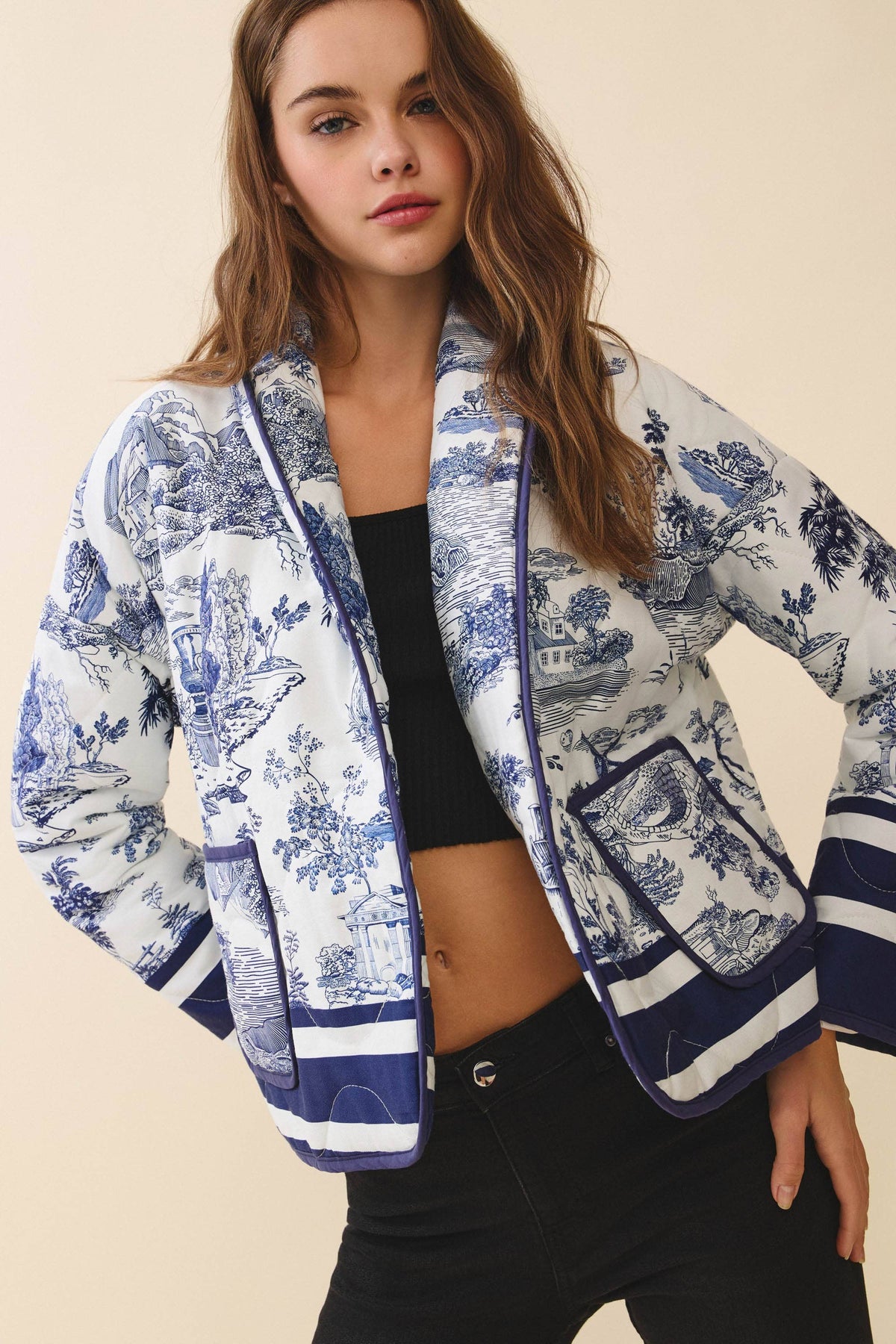 CJ6647-Toile Print Striped Accents Detachable Belt Jacket: NAVY / S
