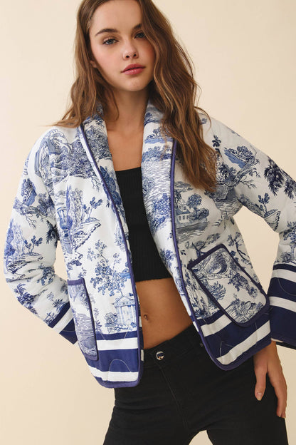 CJ6647-Toile Print Striped Accents Detachable Belt Jacket: NAVY / L