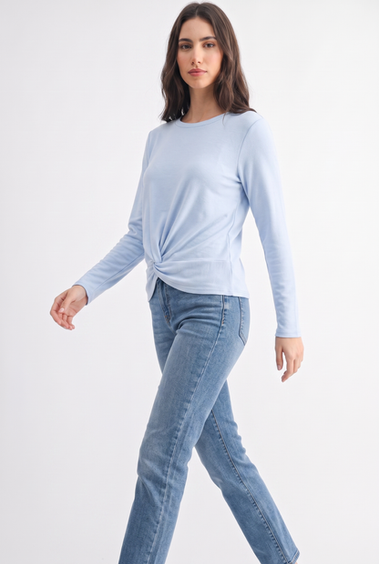 C12080AT Twist Knot Long Sleeve Top: BABY BLUE / S-M-L (2-2-2)