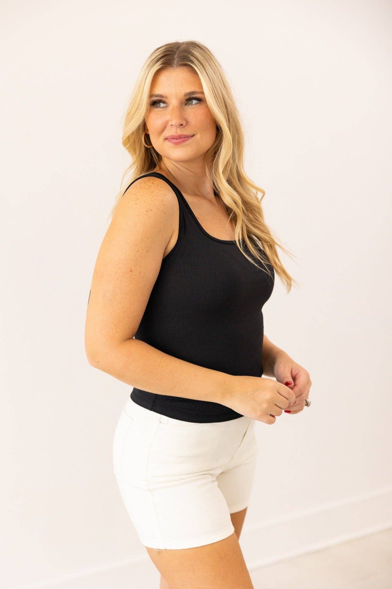 Bella Square Neck Rib Knit Tank Top Black: Black / XS