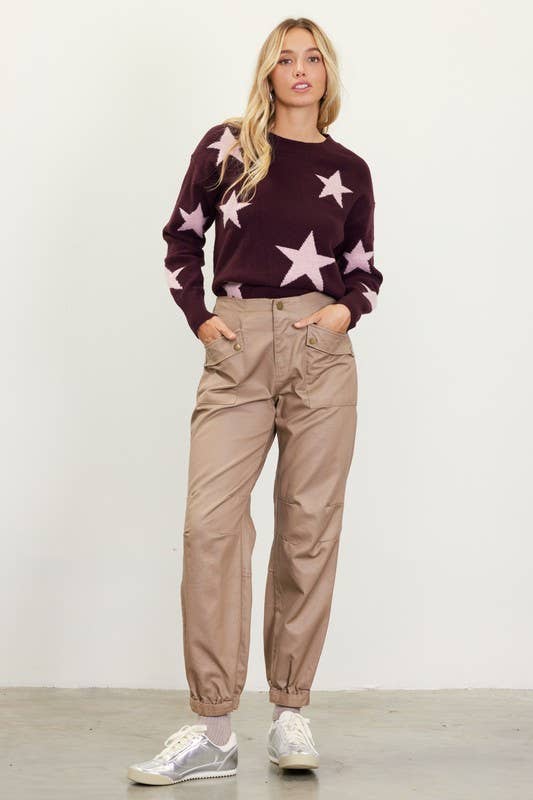 Long Sleeve Lurex Star Pattern Sweater
: Burgundy