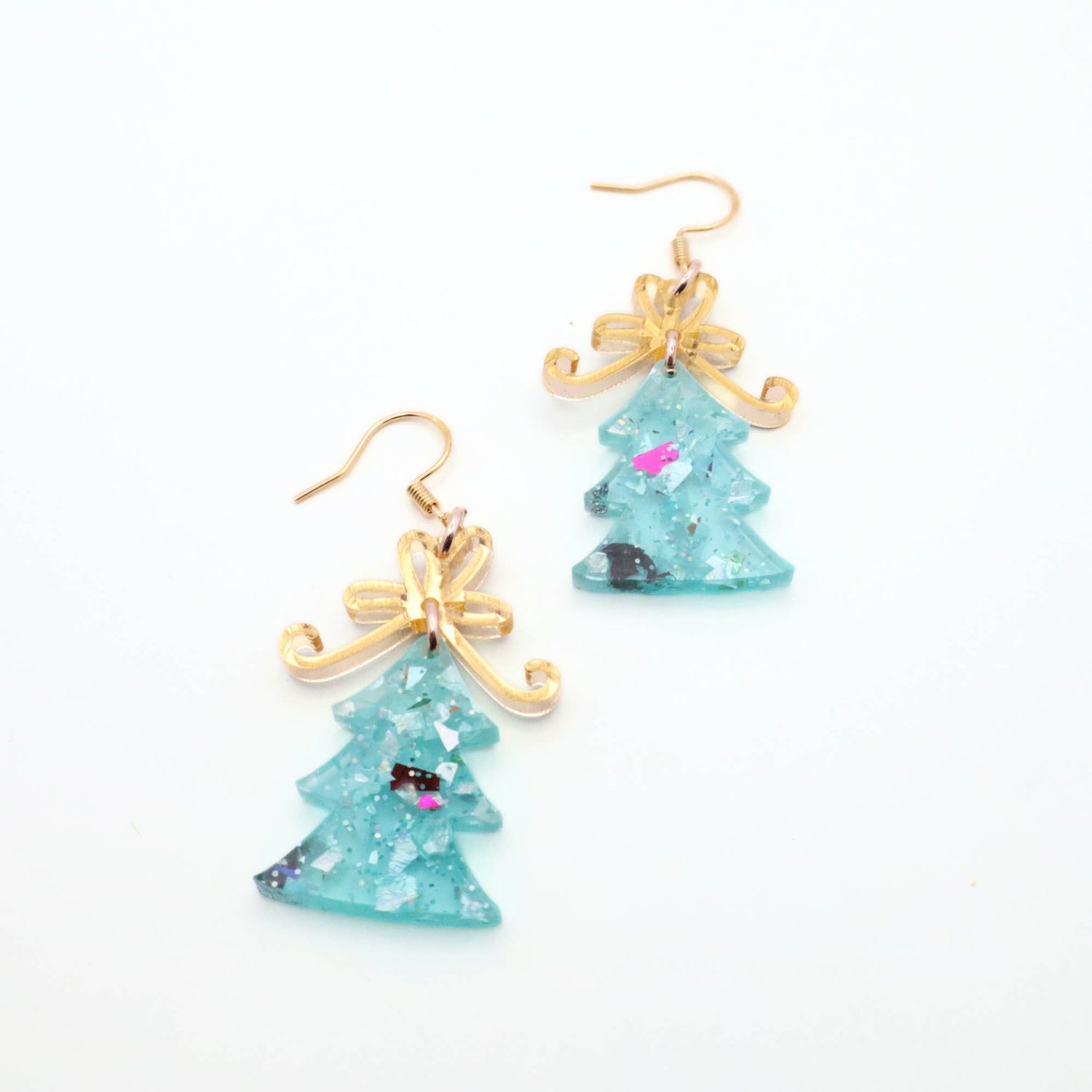 Christmas Tree Dangle Earrings with Glitter and Gold Bow