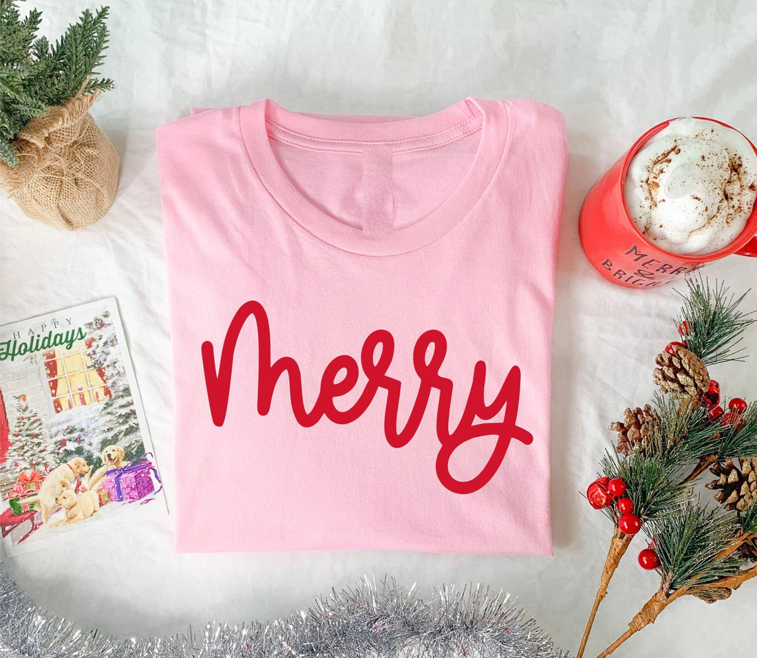 PINK MERRY SHORT SLEEVE CHRISTMAS GRAPHIC TEE
