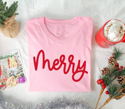 PINK MERRY SHORT SLEEVE CHRISTMAS GRAPHIC TEE