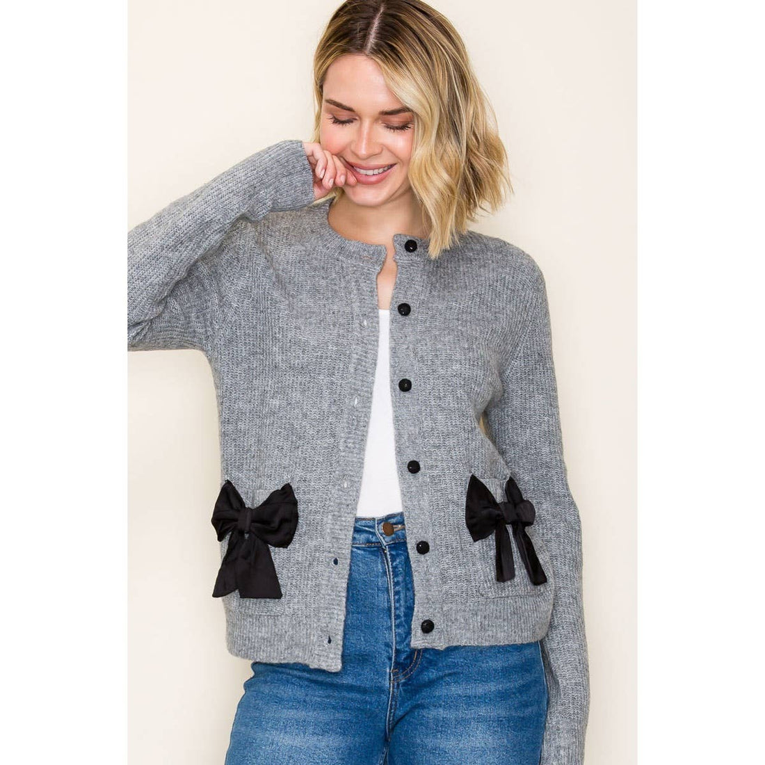 BOW ACCENTED BUTTON DOWN SWEATER CARDIGAN: GREY