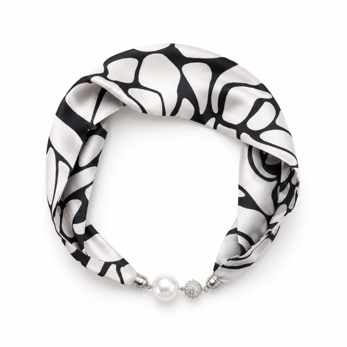 Ellison+Young Satin Twilly Scarf Necklace with Jeweled Magnetic Clasp: Blue Chain Print