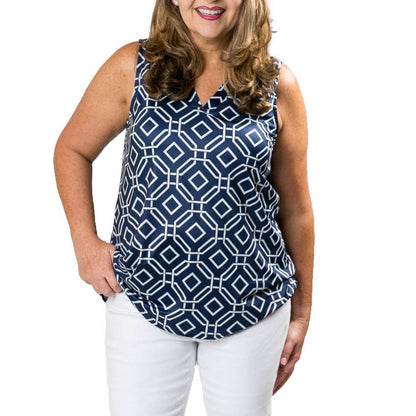 Printed Amy Top- Sale Green and Navy Geometric / Small
