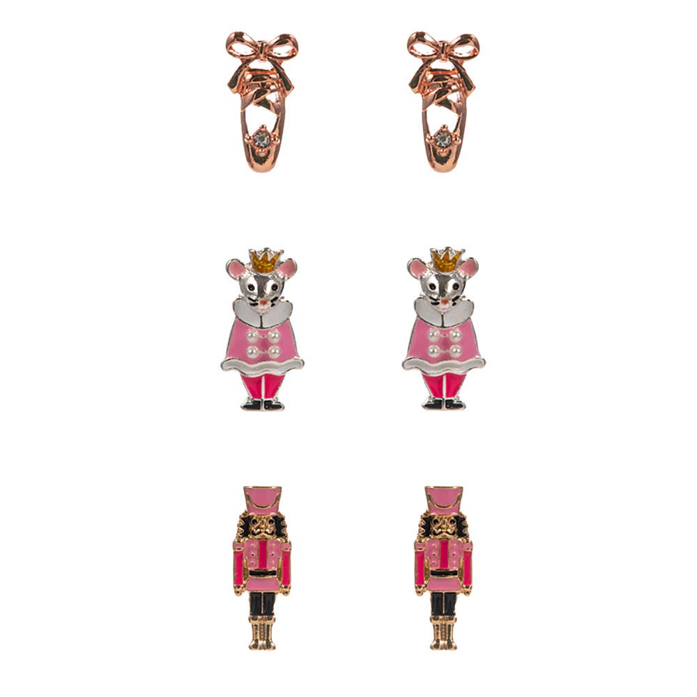 3Pairs - Nutcracker Soldier Mouse King Ballet Shoe Stud Earring Set: Red