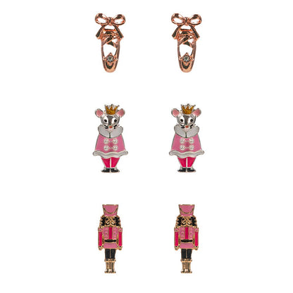 3Pairs - Nutcracker Soldier Mouse King Ballet Shoe Stud Earring Set: Red