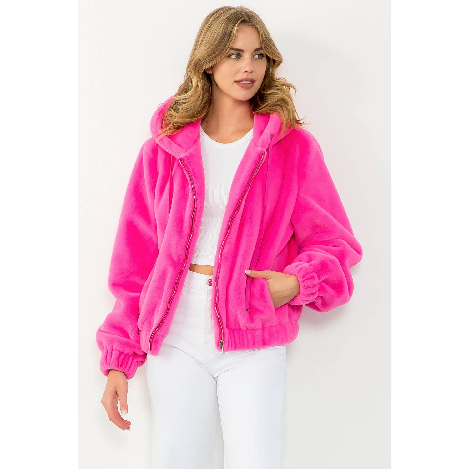 Faux Fur Jacket: PINK / XS-S-M-L(1-2-2-1)
