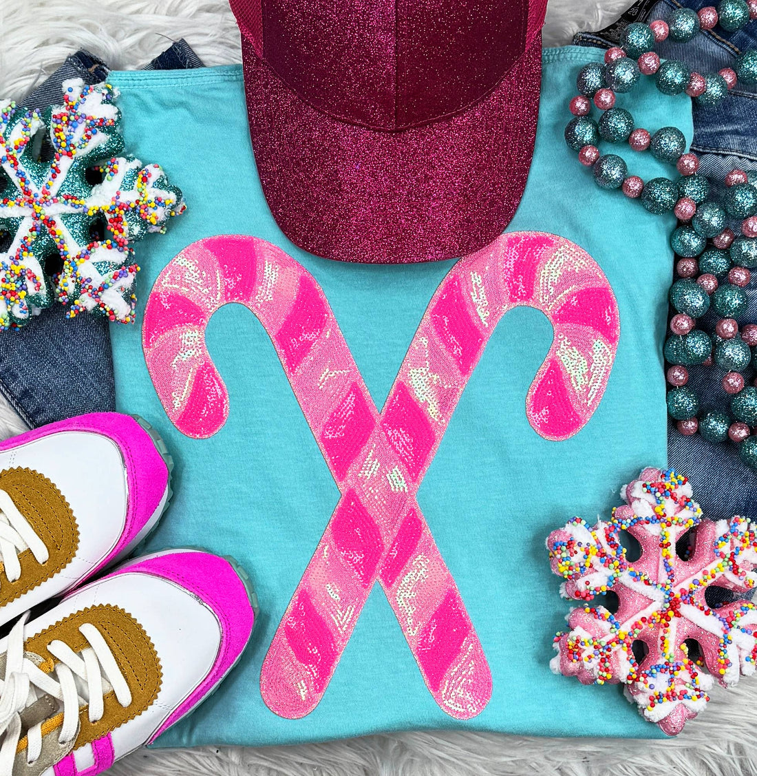 Pink Sequin Candy Canes Patch Pigment Dyed Tee Christmas