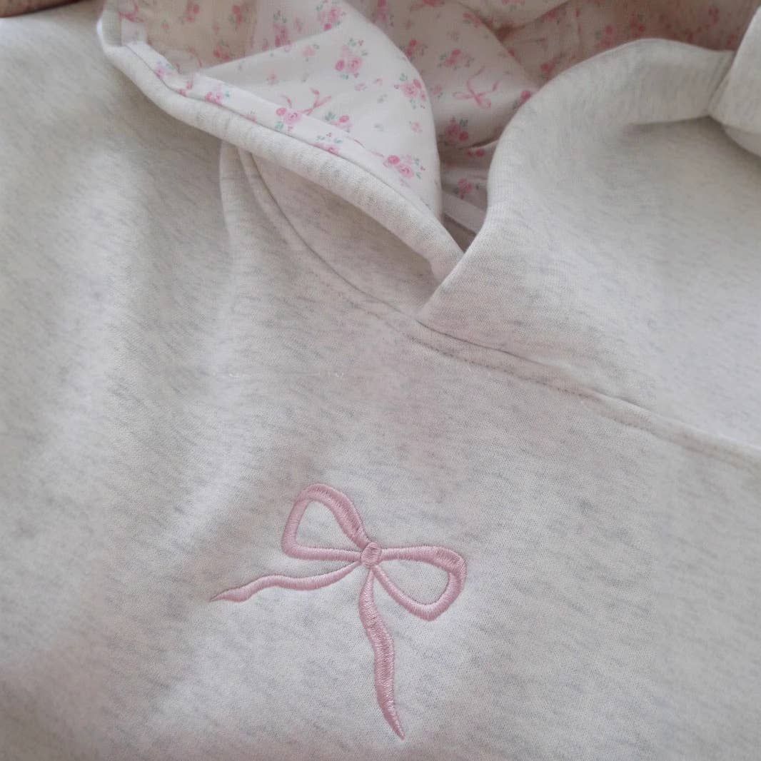 Bow Pattern Floral Hooded Sweatshirt: Pink / M