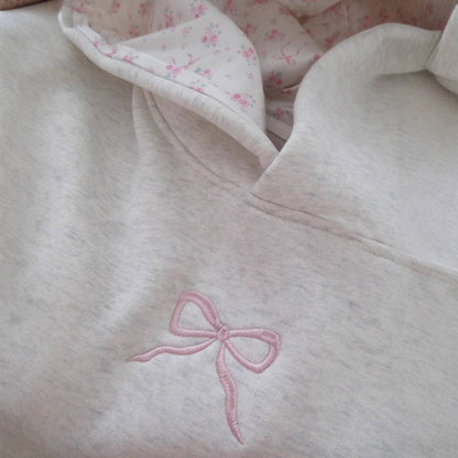 Bow Pattern Floral Hooded Sweatshirt: Pink / M