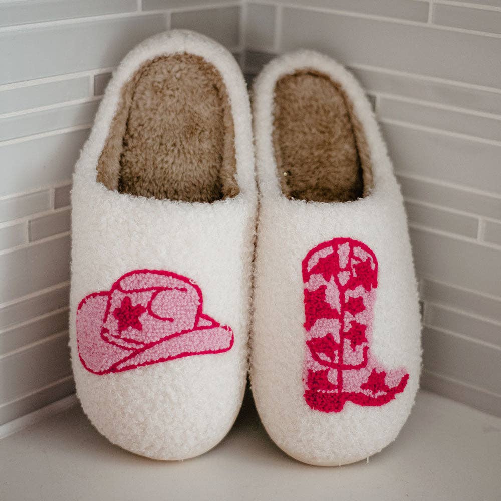 Boot and Cowgirl Hat Western Slippers: White / L/XL